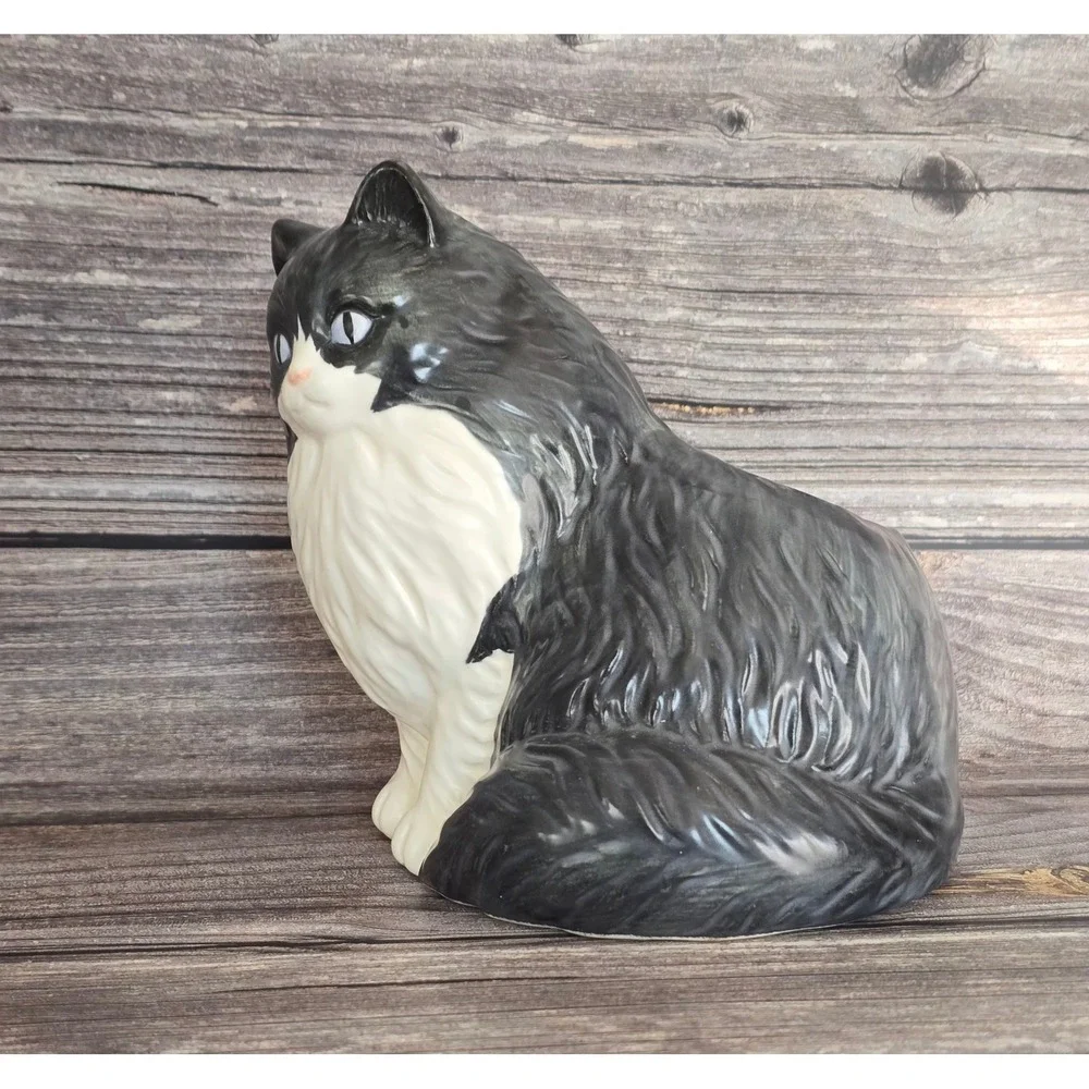 Vintage Ceramic Tuxedo Cat Planter Black White Longhair Feline Pot Takashi Japan